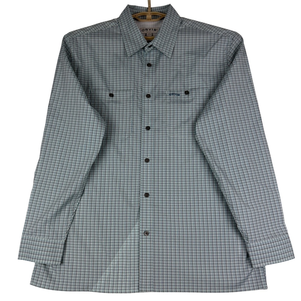 Orvis Button Down Shirt Men Large (L/G) Blue Plaid Long Sleeve Tech Fishing
